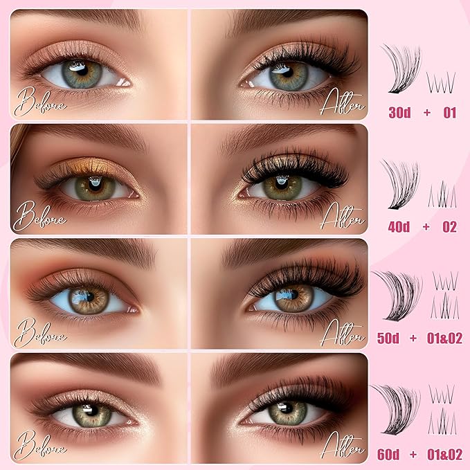 Lash Clusters - Lash Clusters with Bottom Lashes Lash Clusters Lash Extension Kit 30D40D50D60D Fluffy Wispy EyeLash Clusters D Curl No Adhesives Included