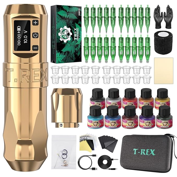 U-REX Tattoo Gun Kit Wireless Tattoo Machine Kit, Complete Tattoo Kit with Japan Coreless Motor, Rotary Tattoo Pen Kit with Tattoo Ink & Mixed Cartridge Needles, for Beginners & Professional Artists