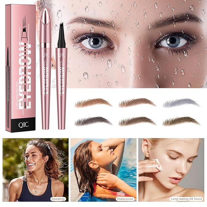 3D Eyebrow Pencil, 4 Tip Microblading, 24 Hours Smudge Proof Brow Pen, Brow Pen Makeup Natural Fine Stroke, Waterproof Eyebrow Pencil for Women (Light Brown) -1 Pack