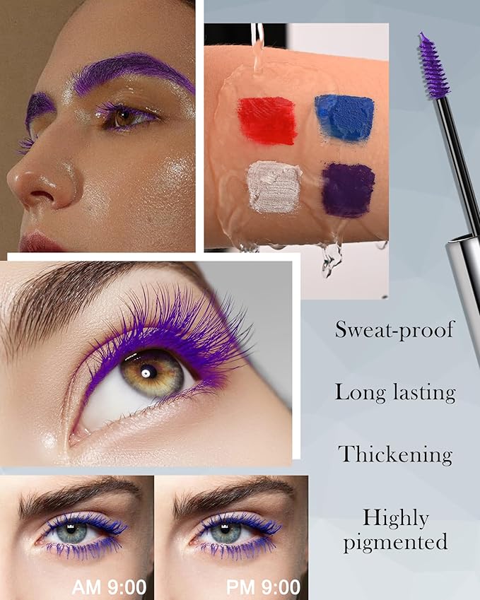 Purple Waterproof Mascara for Eyelashes Eyebrow, Long Lasting Tinted Brow Lash Extension Máscara, Curly Volumizing Eyebrow Mascara, Smudge Proof Non Clump Colored Brow Gel Eye Makeup for Women