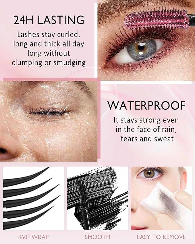 Black Grey Waterproof Mascara, Liquid Lash Extensions Mascara with Dual-Sided Brush, Great for Lengthening and Volumizing Eyelashes, Tubing Mascera Fiber No Clumping, Long Lasting, Smudge-Proof-01