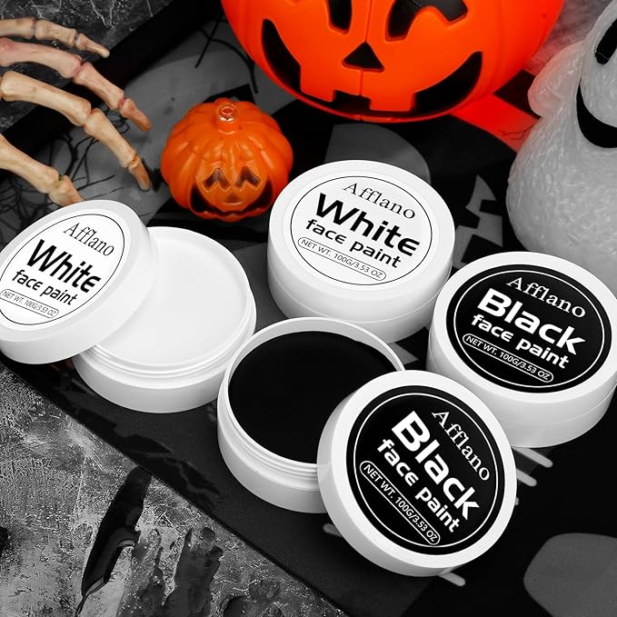 Black and White Face Paint 6pcs Halloween Makeup Kit, Professional Oil-Based Full Coverage Cream, Non-Toxic, Easy to Remove, Long-Lasting, High-Pigment, Face & Body Painting Kits for Cosplay, Stage