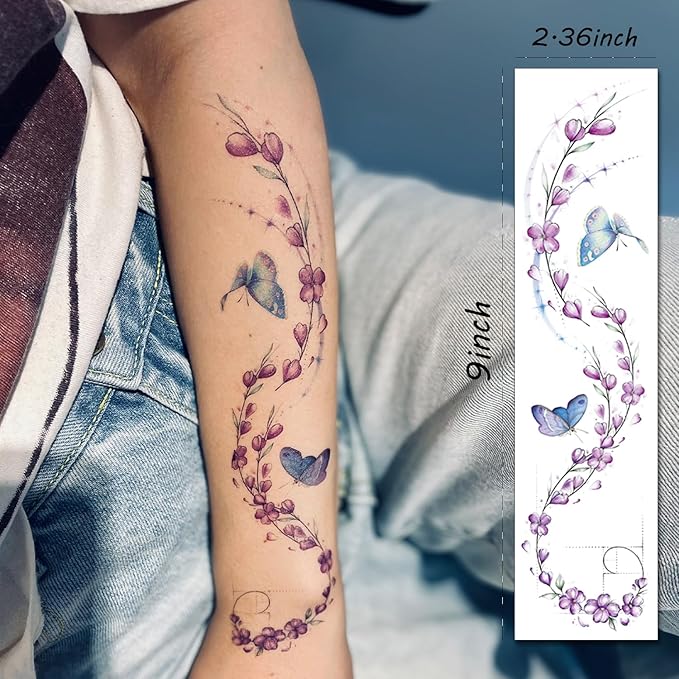 Tazimi Watercolor Temporary Tattoos For Women Girls-24 Sheets Colorful Flower Lavender Rose Vine Forget-me-not Plum Blossoms Wild flowers Realistic Waterproof Tattoo Stickers Body Art