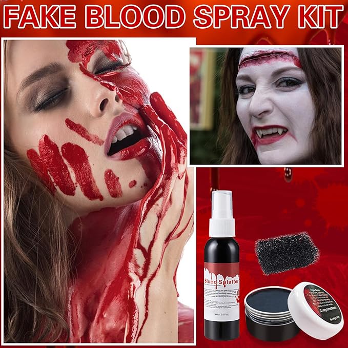 Halloween Makeup Kit - Washable Fake Blood Spray, Gel, and Sponge - Special Effects Kit for Vampire Zombie SFX Cosplay