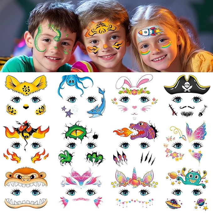 EMOME Face Tattoos for Kids - 48 Sheets Party Pack, Face Paint Tattoos Makeup for Boys and Girls Birthday Party Supplies Games, Face Tattoo Stickers for Kids Party Favors Goodie Bag Stuffers