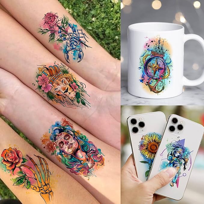 70 Sheets Watercolor Raccoon Phoenix Temporary Tattoos For Women Girls Adults, Water Color Tiger Lion Rose Flower Half Arm Sleeve Tattoo Stickers Peony Floral, Waterproof Fake Tattoos Butterfly Skull