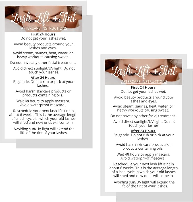 Lash Lift + Tint Aftercare Instruction Cards | 50 Pack | 2 x 3.5” inches Business Card Single Side | Eyelash Lift and Tint Kit at home diy aftercare supplies | White with Lash Photo Design