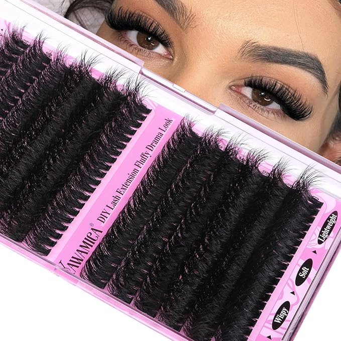 Yawamica Wispy Individual Lashes Clusters Fluffier Eyelash Extension 150D+200D Thick Volume Eyelash Clusters 14-20mm D Curly Clusters Lashes 240pcs DIY Lash Extension for Beginners