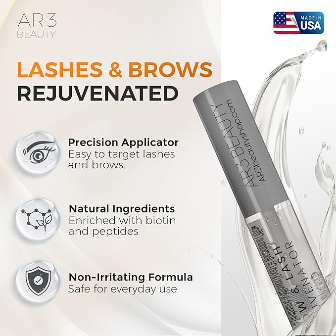 Brow & Lash Rejuvenator. Ar3 Beauty Lash Serum, Ar3 Beauty eyelash growth serum, Serum which grows eyelashes.