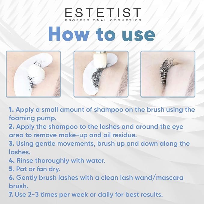ESTETIST Eyelash Extension Shampoo & Brush - Gentle Aftercare Foaming Lash Cleanser Kit & Makeup Remover - For Home & Salon Use