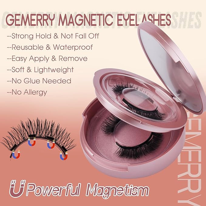 GEMERRY Magnetic Eyelashes 2 Pairs Magnetic Lashes Natural Look Magnetic Eyelashes with Applicator and Mirror No Glue&No Eyeliner Needed False Eyelashes Magnetic Lashes Kit Easy to Use