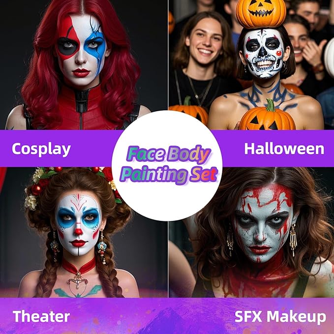 3Pcs Face Body Paint, Professional Paint for Halloween Cosplay Costume Party, Full-coverage Multi-Color Cream Makeup Body Paint for Adult Halloween Cosplay SFX Makeup Paint (White+Black+Silver)