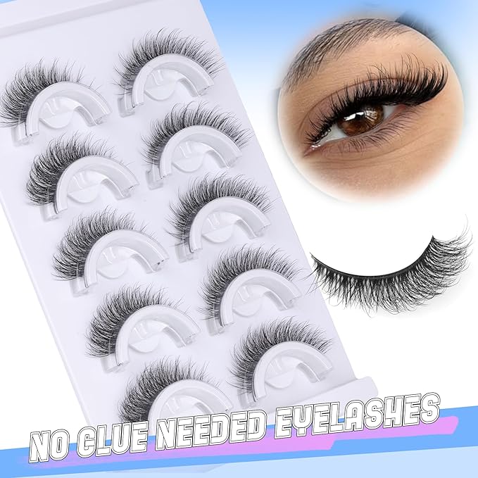 Natural Self Adhesive Eyelashes Pre Glued Lashes Cat Eye Reusable Self Adhesive Lashes No Glue Needed Press On Lashes without Eyeliner D-curly Wispy Strip False Eyelashes Natural Look by YDAGKH