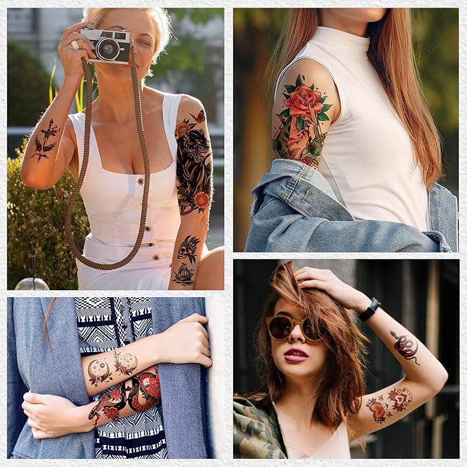 Cerlaza 79 Sheets Classic Temporary Tattoos for Adult Women Men, American Old School Fake Tattoos Sleeve, Realistic Traditional Colorful Flower Animal Half Arm/Tiny Tattoo Stickers