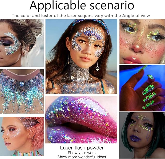 Face Glitter Gel, 2 Jars Holographic Chunky Glitter Makeup for Body, Hair, Face, Nail, Eyeshadow, Long Lasting and Waterproof Mermaid Sequins Liquid Glitter Total 6 Colors Available (Silver & White)