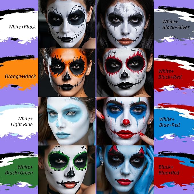3Pcs Face Body Paint, Professional Paint for Halloween Cosplay Costume Party, Full-coverage Multi-Color Cream Makeup Body Paint for Adult Halloween Cosplay SFX Makeup Paint (White+Black+Silver)