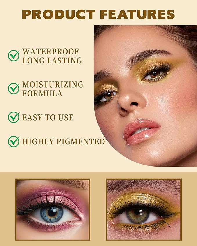 Shimmer Cream Eyeshadow, Ultra-Blendable Glitter Eye Shadow with Moisturizing Formula, Waterproof Long Lasting & Highly Pigmented, Single Creme Eyeshadow Metallic Highlighter Makeup for Women-05#Gold