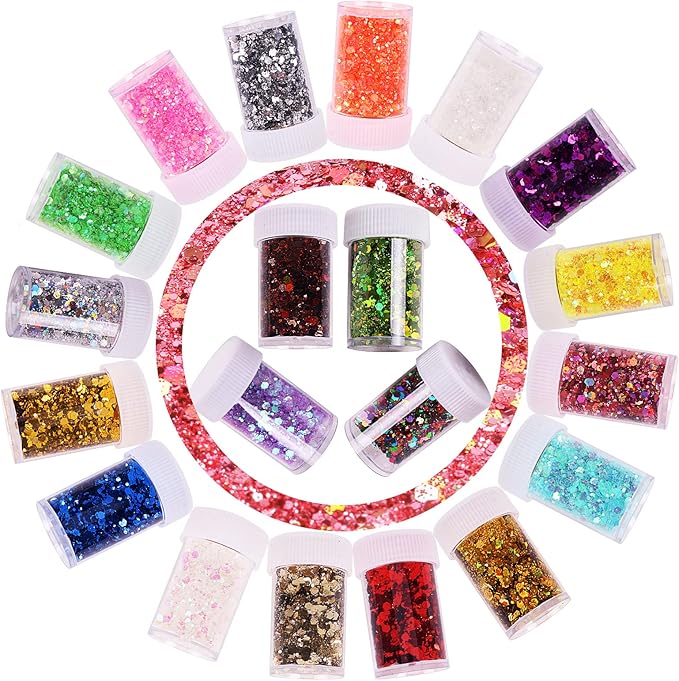 20 Assorted Colors Holographic Chunky and Fine Mixed Glitter,Shake Jar,for DIY Craft Epoxy Resin Tumber Making,Nail Art,Body Glitter,Jewelry Earring Keychain Making