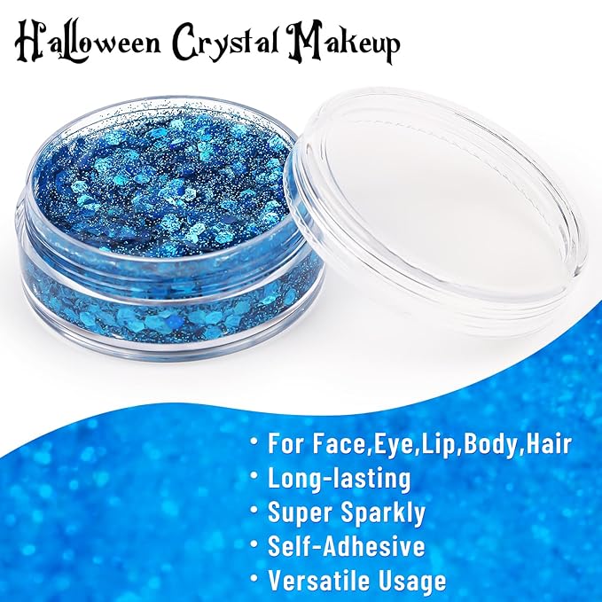 BOBISUKA Halloween Face Paint Kit - Black, White, Blue + Body Glitter Gel + Face Gems - Professional Washable Body Paint for SFX, Cosplay, Party, Stage Performance Makeup
