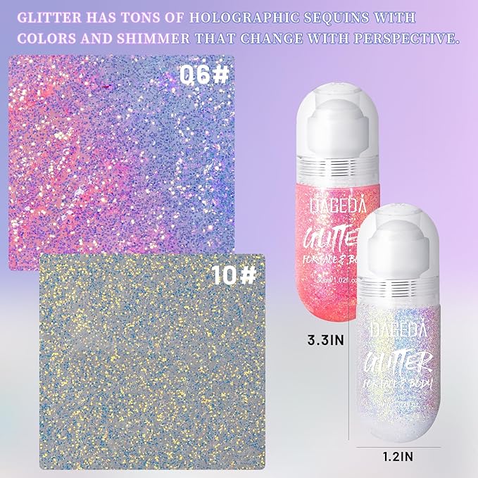 DAGEDA 2Colors Roll-on Body Glitter Gel for Body, Hair, Face, Holographic Glitter Makeup for Rave Accessories, Body Shimmer Hair Glitter Gel for Halloween Makeup(Pink + Ocean Glow)