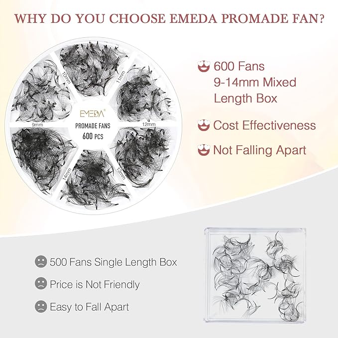 Premade Fans Eyelash Extensions 600 pcs Small Base Promade Loose Fans Stable C Curl 9-14mm Mix Lengths Short Stem Pre Made Volume Lashes with Reusable Silicone Pad by EMEDA (10D 0.07 C 9-14mm)