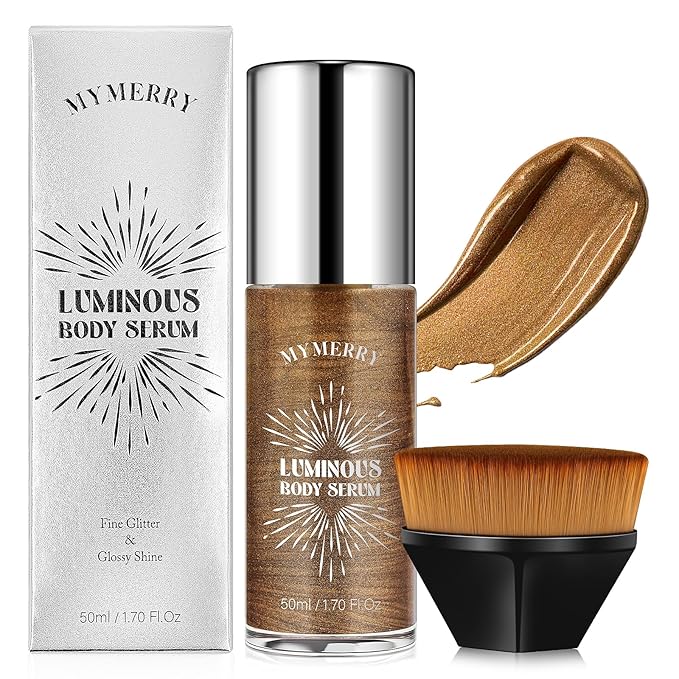 Body Shimmer Oil, Liquid Highlighter Bronzer Body Glitter Oil Long Lasting Moisturizing for Face Makeup Lotion Illuminate Serum Glow Shimmer Skin 50ml/1.7 Fl Oz(Bronze Brown #01)