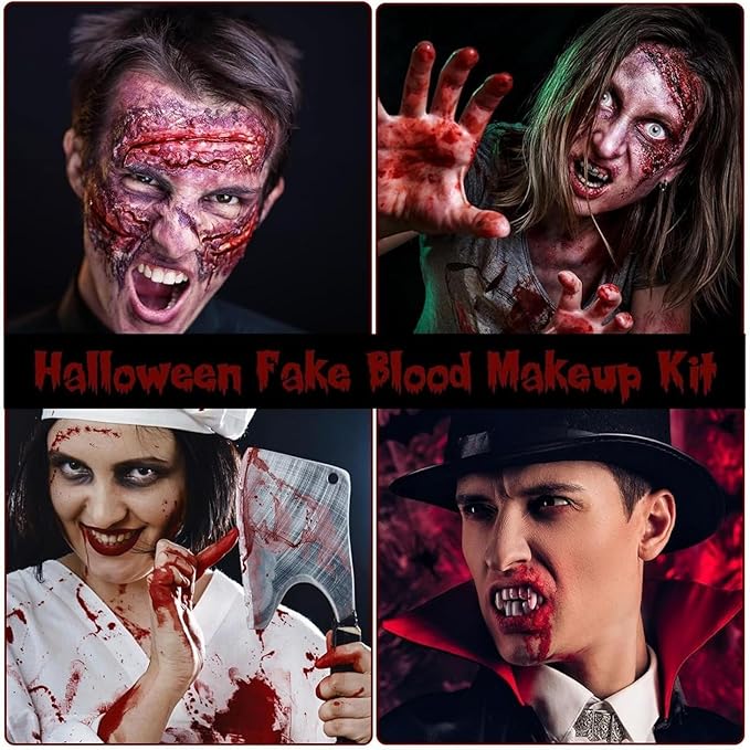 3 PCS Halloween Fake Blood Makeup Kit 3 Size Vampire Teeth Fangs Fresh Red Fake Blood Spray Realistic Coagulated Blood for Party Monster Zombie Cosplay