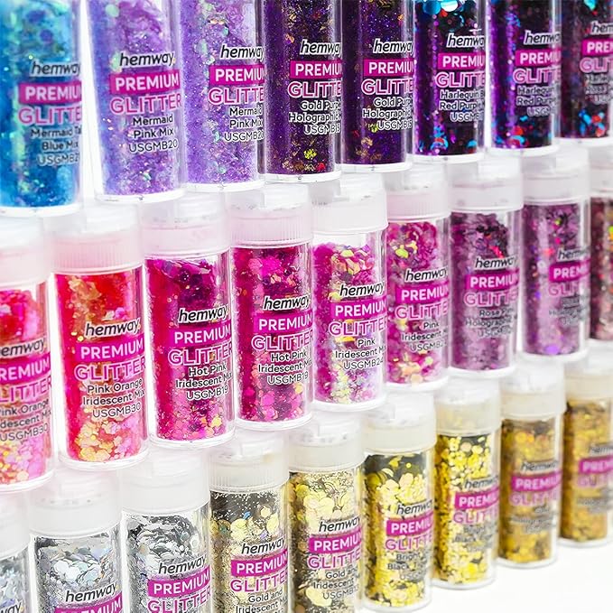 Hemway Mixed Glitter Tube Ultra Sparkle Box (Pack of 54) | Metallic Flakes Shaker Set for Resin & Epoxy Crafts | Assorted Colour Craft Supplies for Festival, Hair, Face, Body, Eye & Nail Art