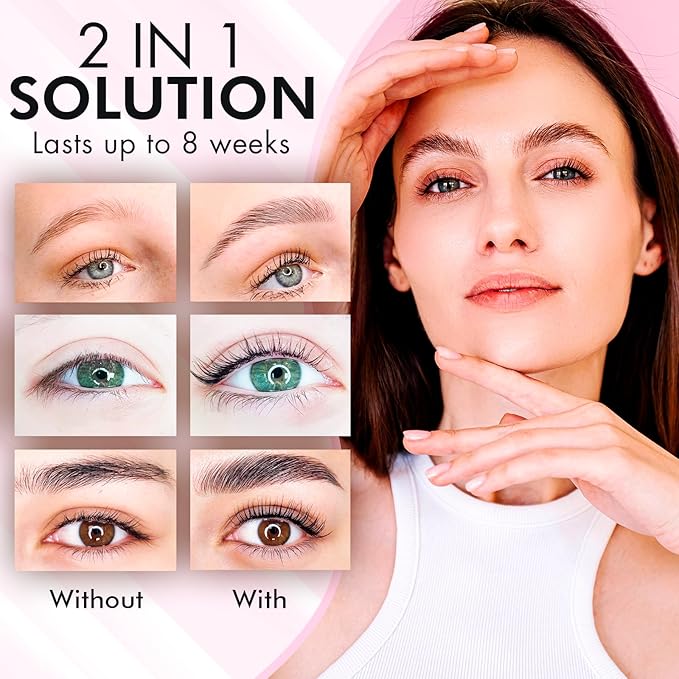 Lash Lift Kit & Eyebrow Lamination Kit, 2-in-1 Solution, At Home Brow Lamination Kit, Beginner/Professional, Eyelash Lift Kit, Lasts 6-8 Weeks, 15 Applications, DIY Brow + Lash Perm Kit