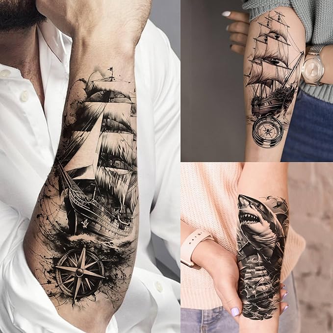 71 Sheets Sailing Ship Temporary Tattoos For Men Adults Forearm, Half Arm Sleeve Tattoo For Women Pirate Compass Anchor Faith Belief Family, Realistic Fake Tattoo Stickers Sea Wave Birds Skull Shark