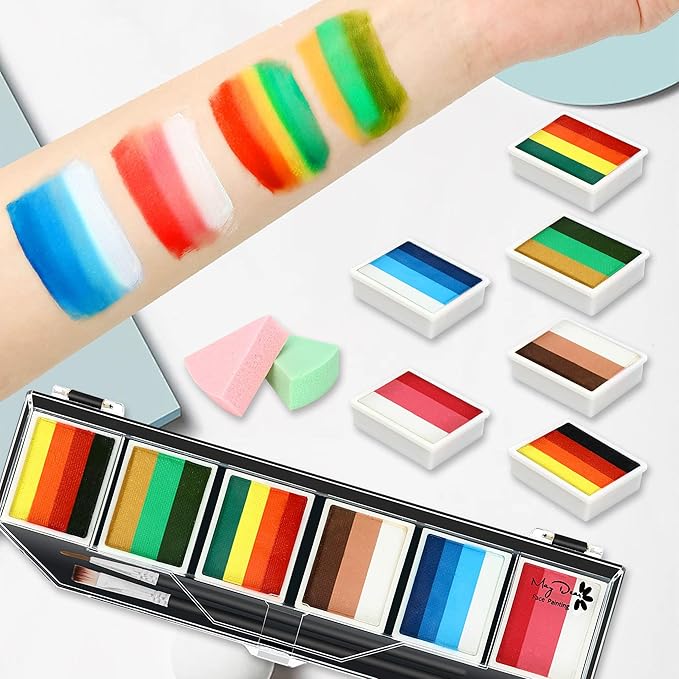 Maydear Face Painting Kit for Kids & Adults with 6 Colors Split Cake Palette, 2 Brushes, Safe & Non-Toxic Water Based Makeup Face Paint Kit