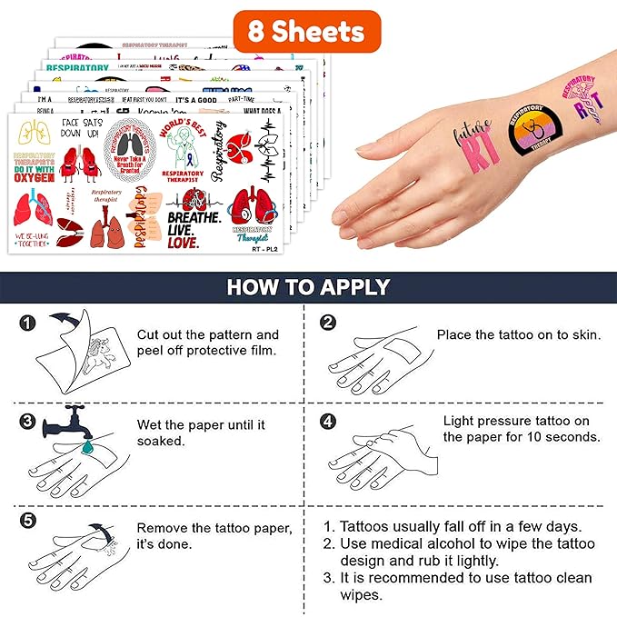 (96PCS) Best Respiratory Therapist Care Week Temporary Tattoos Birthday Themed Party Supplies Decorations Favors Cute Funny Lung Nerd Stickers Tattoo Gifts for Kids Girls Boys Women Decor Class Reward
