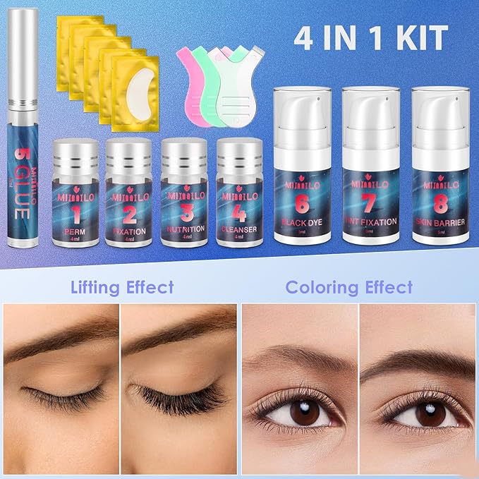 4 In 1 Lash Lift Kit & Brow Lamination Kit with Black Color, Eyelash Perm Kit at Home for Beginner, Salon-Quality Lash Curling with Detailed Instruction, Safe and Effective Result, Lasts For 6-8 Weeks