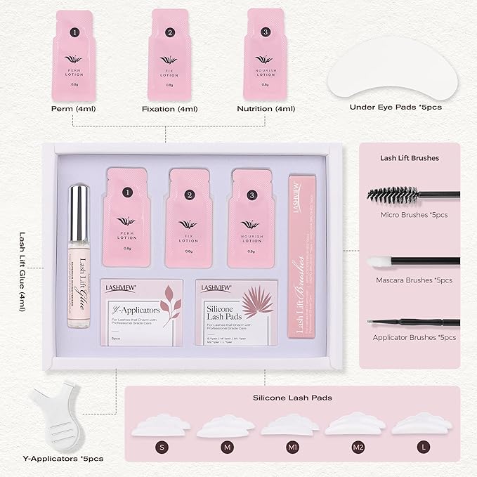 LASHVIEW Lash Lift Kit, Eyelash Perm Kit, Professional Eyelash Curling Lash Extension Set,Lash Curling, Semi-Permanent Curling Perming Wave Suitable for Salon(5PCS)