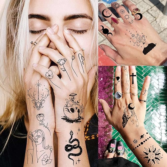 28 Sheets 220+ Minimalism Temporary Tattoos - Moon, Sun, Stars, Snakes, Flowers for Women, Men, Adults, Kids