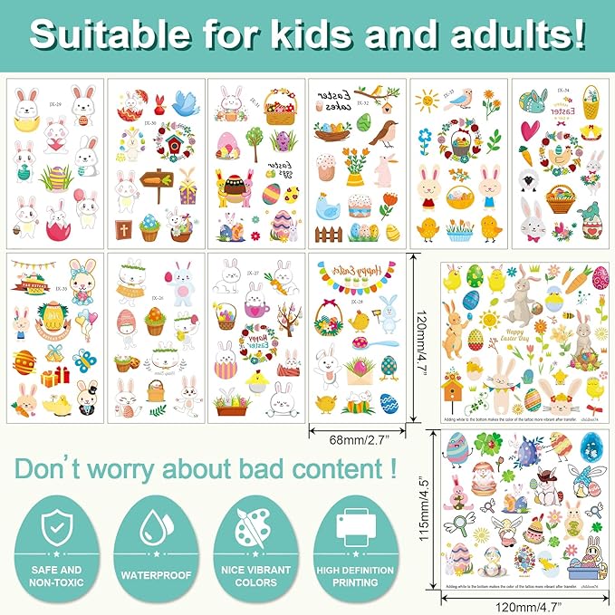 Easter Temporary Tattoos for Kids, Easter Egg and Bunny Fake tattoo for Boys and Girls,Easter Basket Stuffers