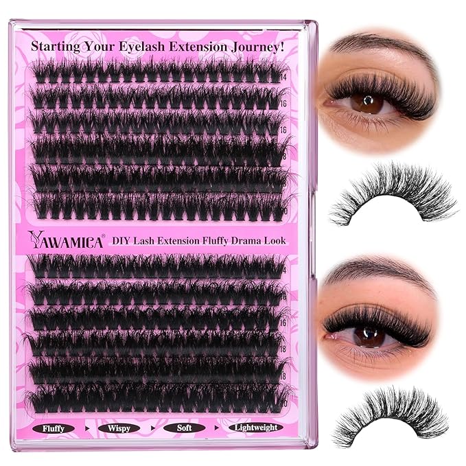 Yawamica Wispy Individual Lashes Clusters Fluffier Eyelash Extension 150D+200D Thick Volume Eyelash Clusters 14-20mm D Curly Clusters Lashes 240pcs DIY Lash Extension for Beginners