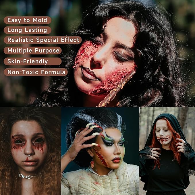 Halloween zombies, horror makeup, scar wax, and Halloween makeup parties.Wax for Halloween wound effects, suitable for people over 8 years old, 2 pieces (dark and light colors)