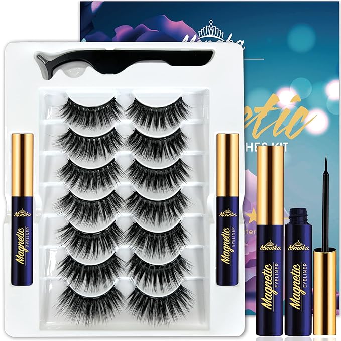 Menaka Magnetic Eyelashes and Eyeliner Kit, Reusable Magnetic Lashes with Eyeliner and Tweezers, 3D Natural Look False Eyelashes, No Glue Needed,Cruelty Free,(7pairs)