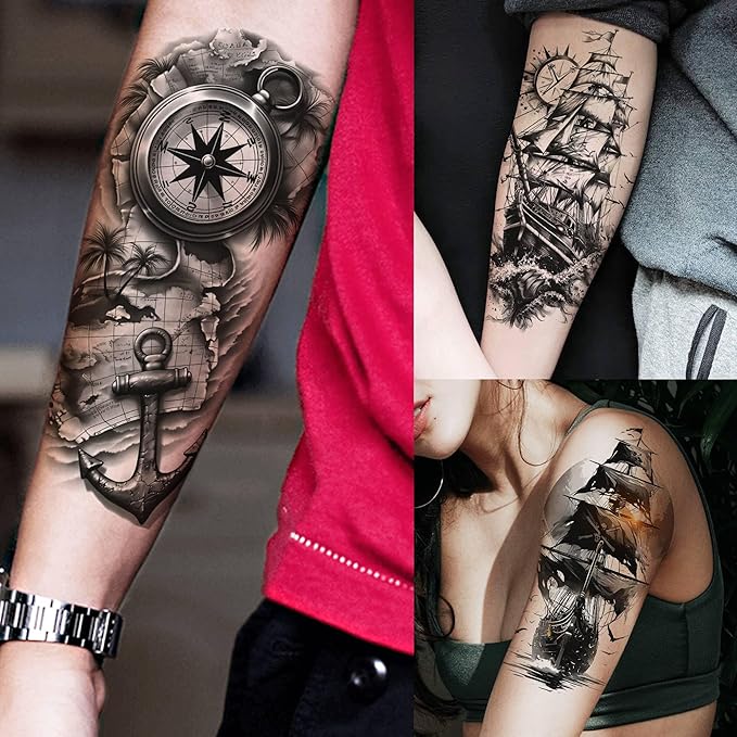 71 Sheets Sailing Ship Temporary Tattoos For Men Adults Forearm, Half Arm Sleeve Tattoo For Women Pirate Compass Anchor Faith Belief Family, Realistic Fake Tattoo Stickers Sea Wave Birds Skull Shark