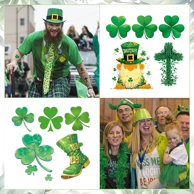 St. Patrick's Day Shamrock Decorations Temporary Tattoos & Face Stickers, Waterproof Saint Patrick's Day Clover Tattoos Art Make up Deco Irish Party Favors