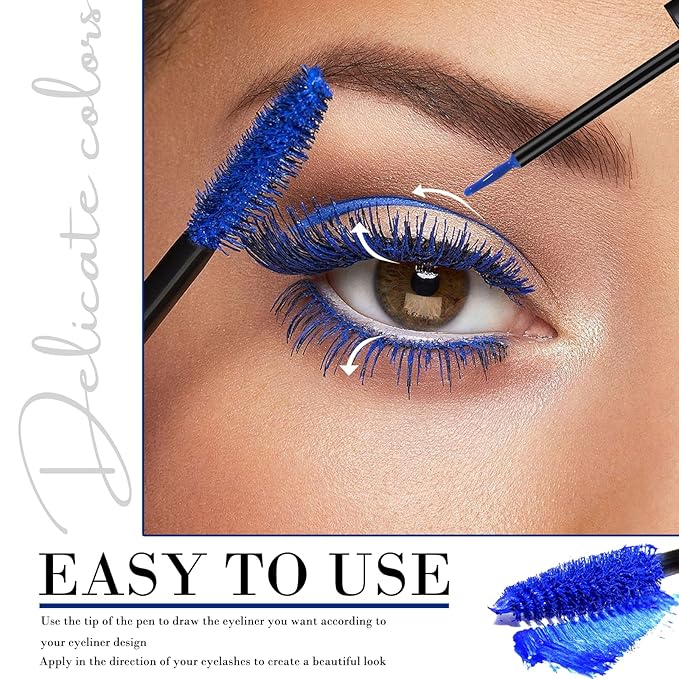 Blue Mascara & Liquid Eyeliner Set, Waterproof Eyeliner Colored Mascara Volume and Length Halloween Eye Liner Lash Makeup Natural Smudge-Proof Colorful Lasting Wine Bottle Pigmented Pencil