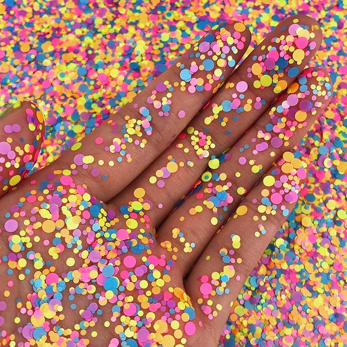 Rainbow Circles Face & Body Glitter - Chunky Glitter - UV Avtivated - Uses Include: Festival Rave Makeup Face Body Nails Resin Arts & Crafts, Resin, Tumblers, Bath Bombs - Multi-Size Circle Shape