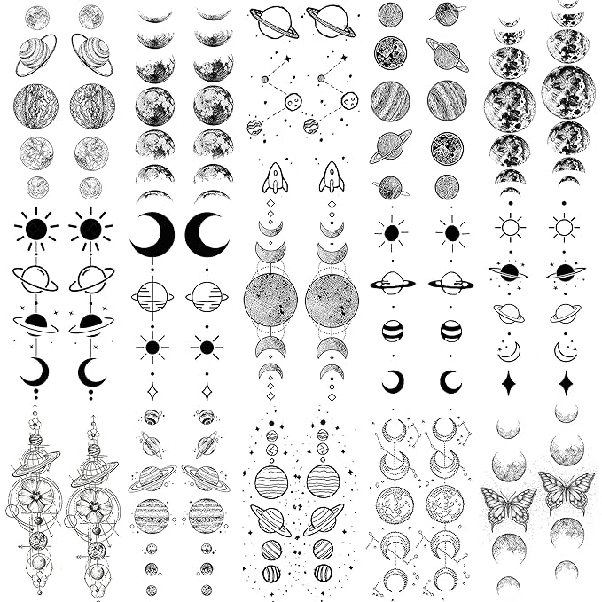 15 Sheets Realistic Space Planets Chain Temporary Tattoos For Women Men Arm Neck, Butterfly Solar System Moon Sun Star Fake Tattoo Sticker, Small Universe Tatoos Kids Girls Boys Forearm Body