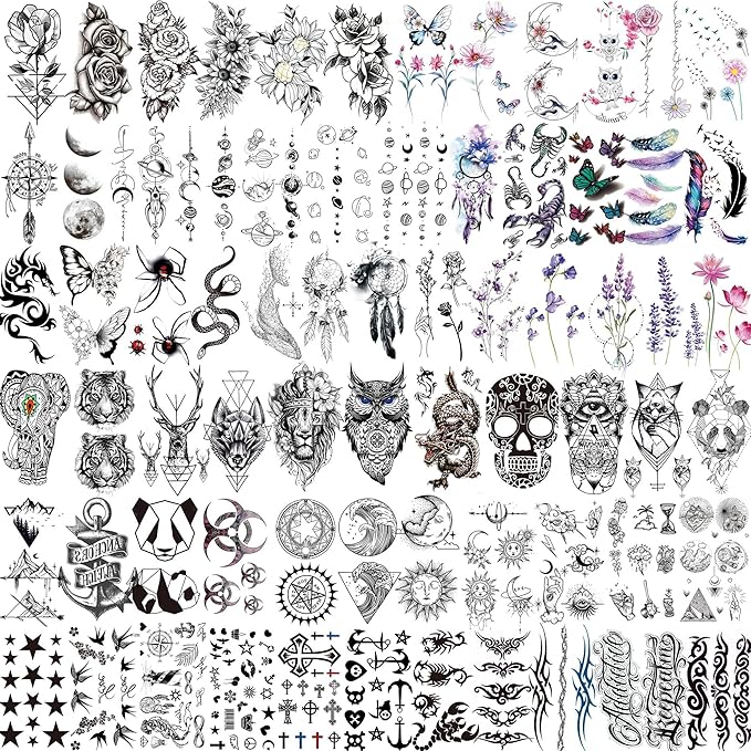 71 Sheets Small Cute Temporary Tattoos For Women Men Hands Neck Finger, Floral Space Moon Fake Long Lasting Tattoos Adults, Lavender Anchor Panda Halloween Snake Dragon Tiger Lion Animals Tattoos