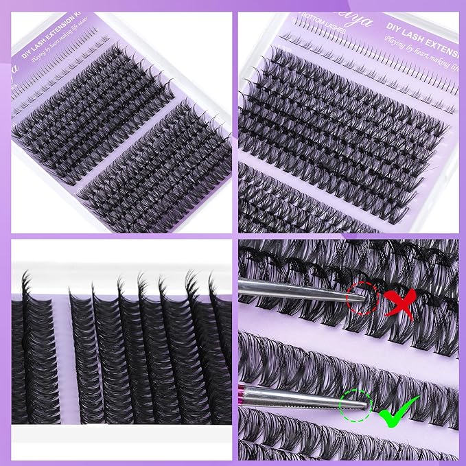 Geeneiya Bottom Lash Extension Kit Natural Cluster Eyelash Extension Kit DIY D Curl Lash Clusters Kit with Lash Bond and Seal Glue, Lash Applicator for Self Application at Home (30D+40D+BOTTOM)