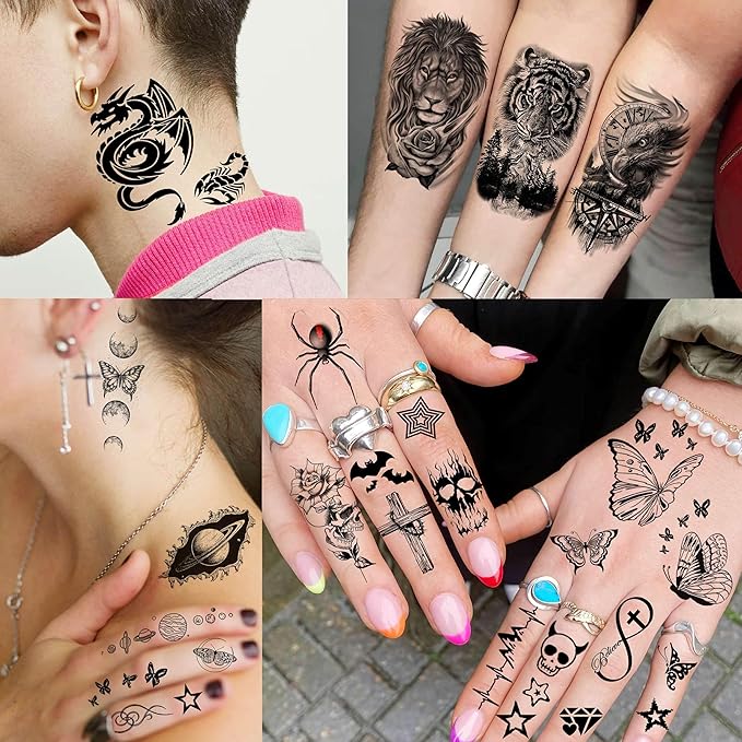 59 Sheets 3D Black Halloween Temporary Tattoos For Men Women Kids, Long Lasting Temp Fake Sleeeve Tattoos For Adults, Large Realistic Skull Skeleton Owl Wolf Lion Tiger Ship Tatoo Sticker Arm