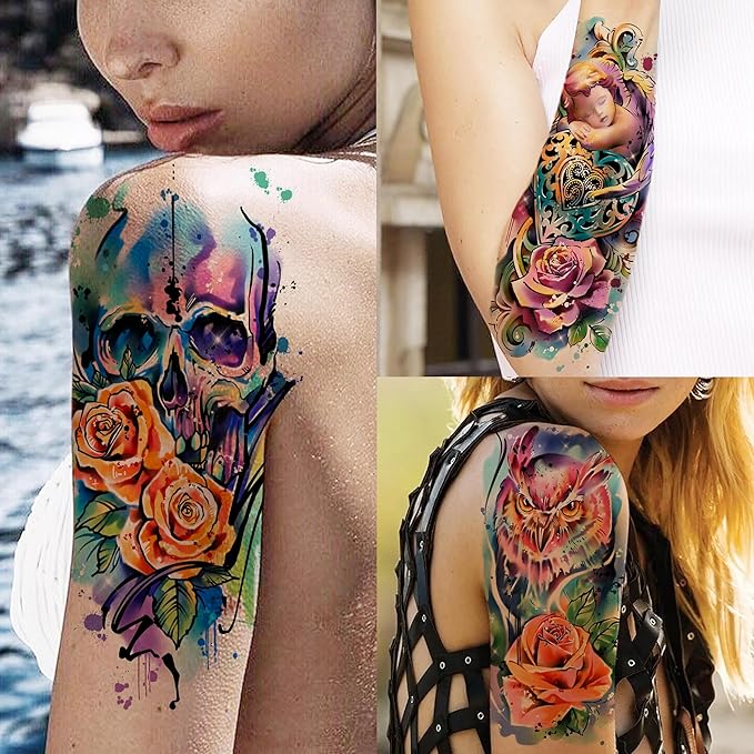 FANRUI 65 Sheets Watercolor Peony Rose Floral Temporary Tattoos For Women Arm Shoulder, Groovy Compass Flower Fake Tattoo Owl Blue Tribal Eye Skull Tiger, Long Lasting Tatoos Sleeve Angel Girls Adults