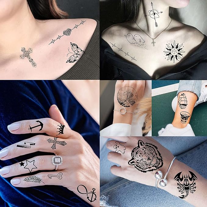 52 Sheets Tiny Small Temporary Tattoos For Kids Boys Girls, Tribal Animals Butterfly Anchor Compass Tattoo Stickers For Men Women, 3D Cute Flower Fake Face Tatoo Kits Sets For Neck Arm Hands