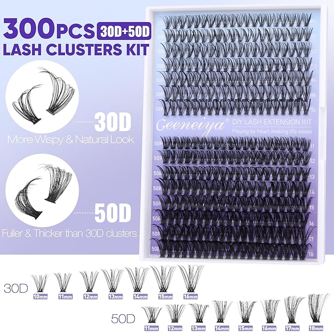 Geeneiya Natural Lash Clusters Kit 30D+50D Wispy Lash Extension Kit 10-18mm Cluster Eyelash Extensions Kit Natural Individual Lashes with Waterproof Lash Bond and Seal, Lash Tweezers (300Pcs)
